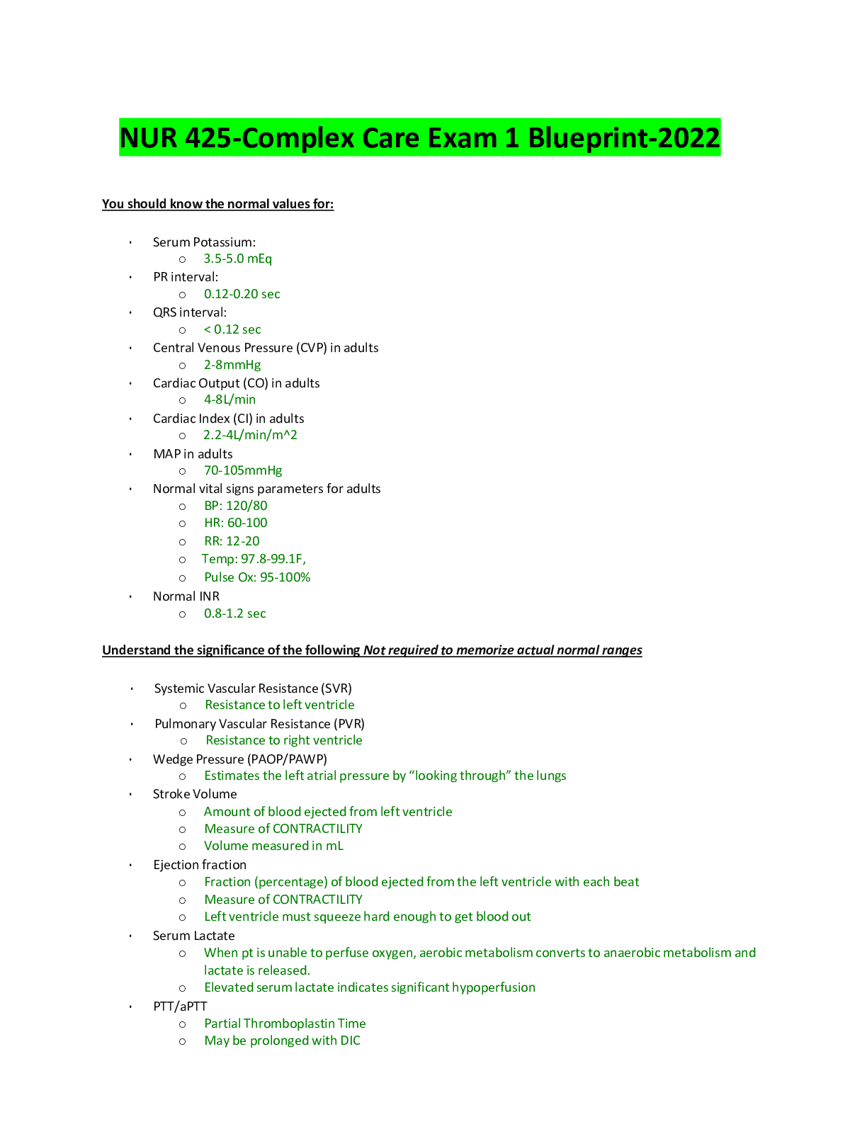 Preview of NUR 425-Complex Care Exam 1 Blueprint-2022